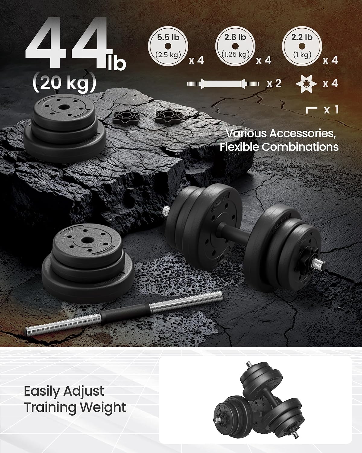 Thumbnail 4 de SONGMICS Stefan Collection SYL20HV1 Adjustable Dumbbells, 20 kg with Barbell Link
