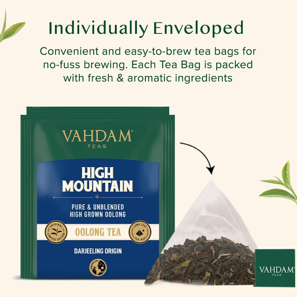 Detalle de VAHDAM High Mountain Oolong-Tee (30 Pyramiden-Teebeutel) – blumig-fruchtig, einzeln verpackt