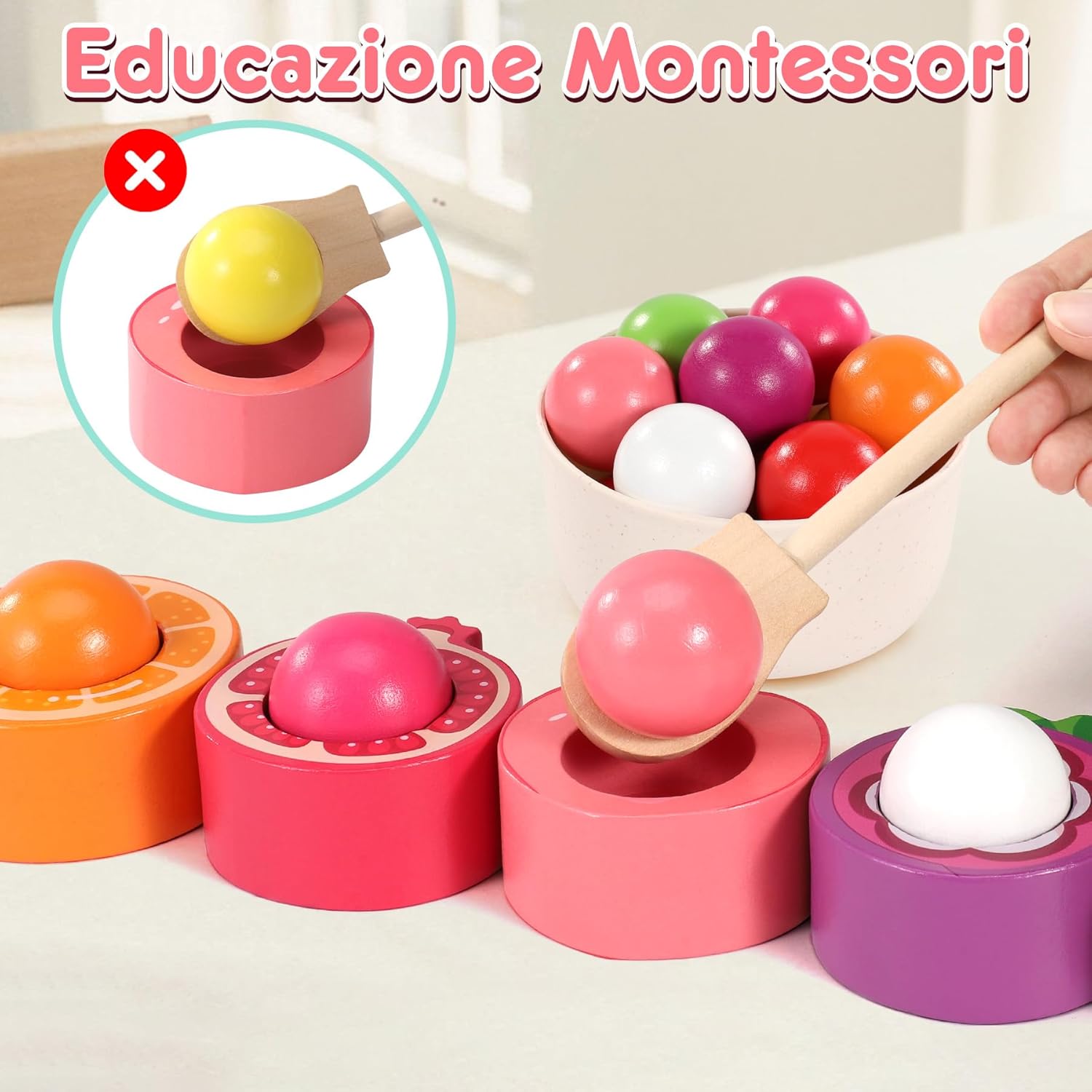 Detalle de Seagoal Giochi Montessori 1 2 3 Anno – Set di frutta in legno per sviluppo sensoriale e coordinazione