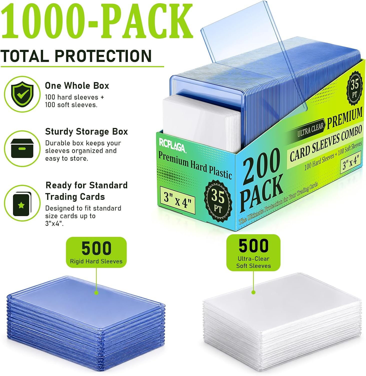 Detalle 2 de RCPLAGA Trading Card Sleeves, 3" x 4" 35PT, 500 Hard and 500 Soft