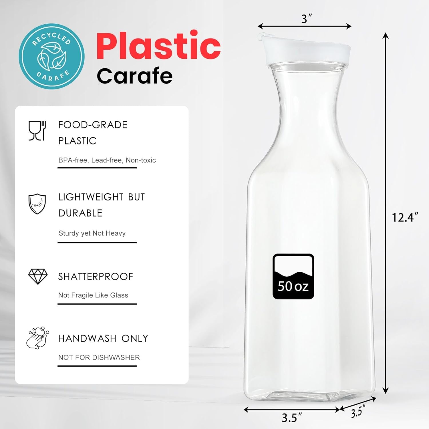Detalle 2 de NETANY 50 Oz Plastic Water Carafe Set (2-Pack) with Flip Top Lid — Clear, Square Base Containers for Water, Iced Tea, Juice