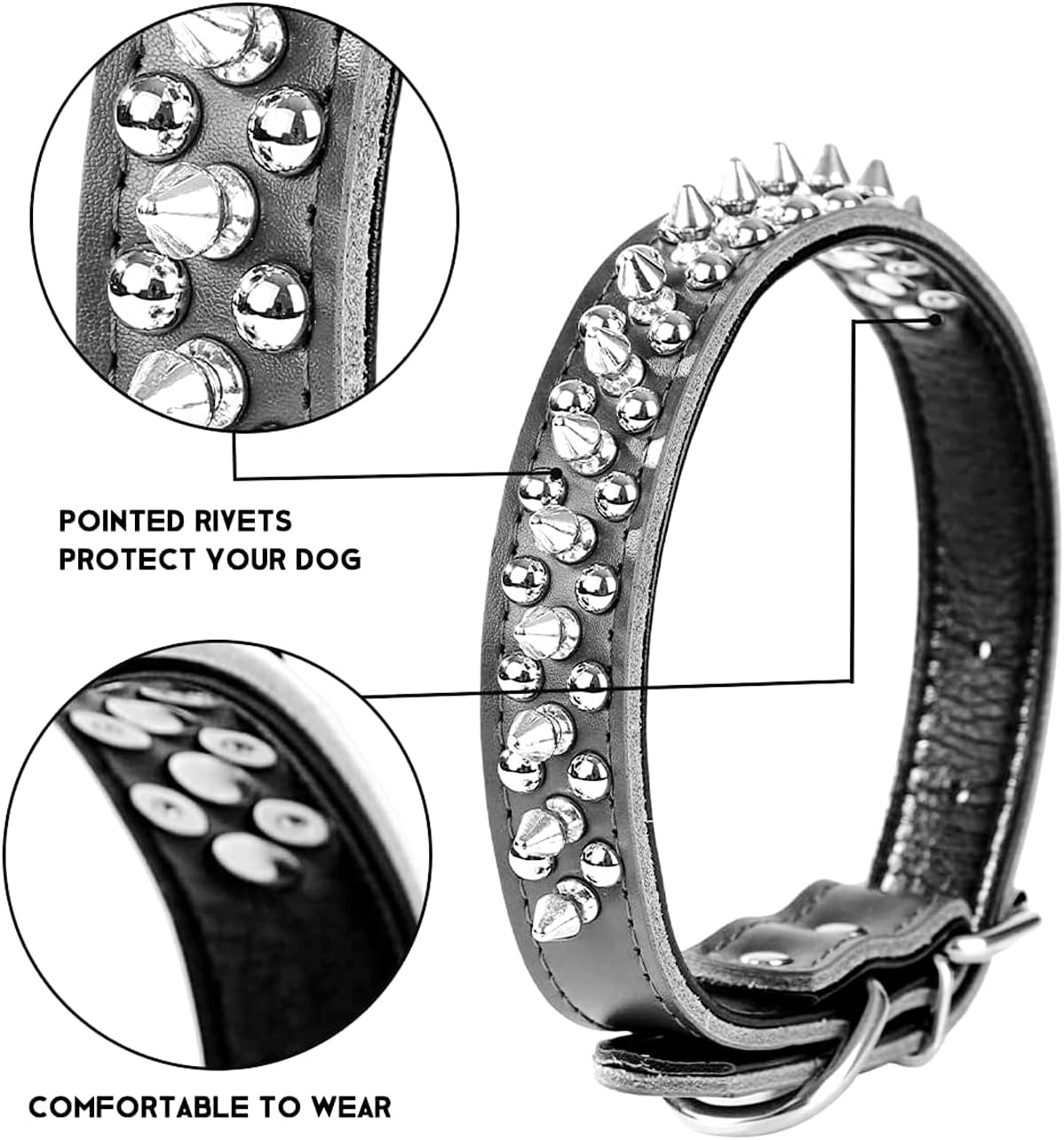 Thumbnail 3 de haoyueer Genuine Leather Spiked Studded Dog Collar (Adjustable, Nickel-Plated Hardware) – Large, Purple