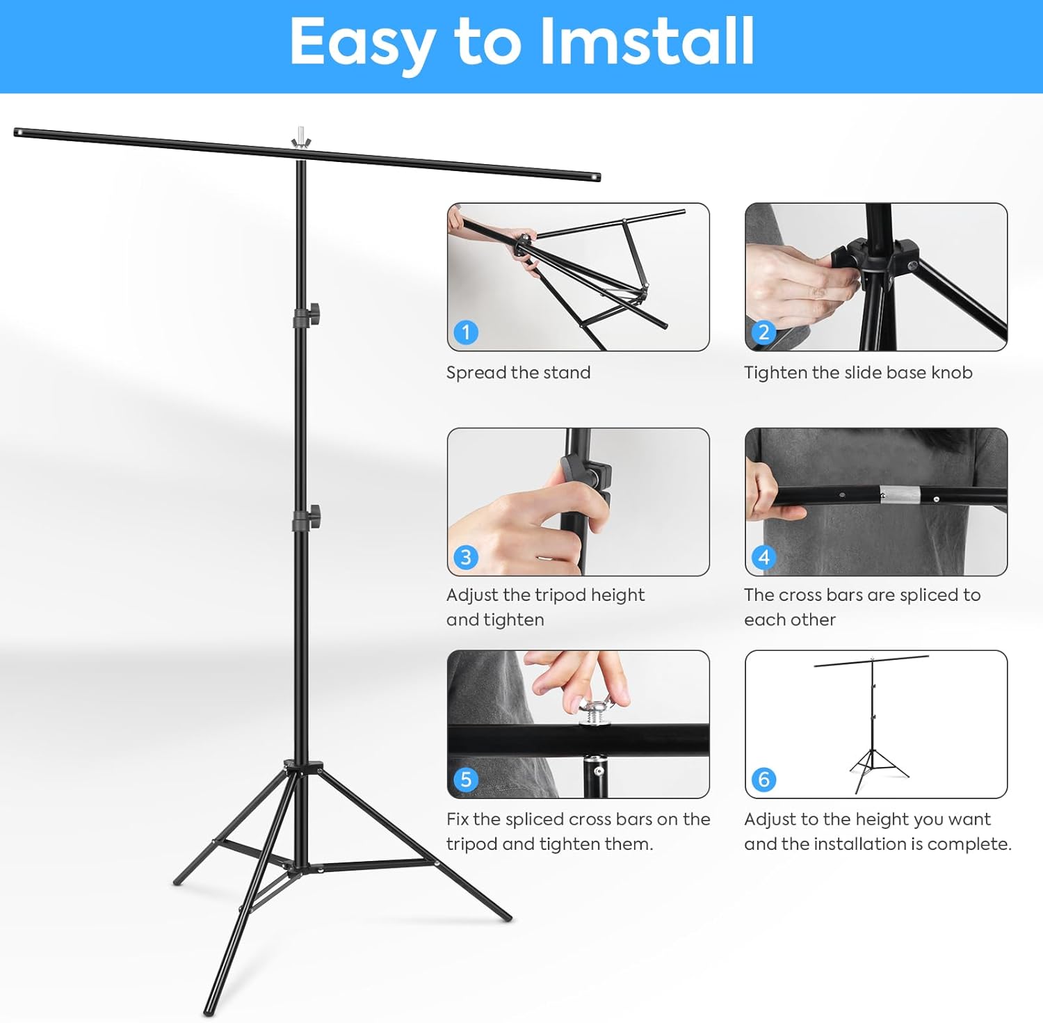 Detalle de T-Shaped Backdrop Stand 2x2.6m (Huzofexo) portable aluminium background holder with clips
