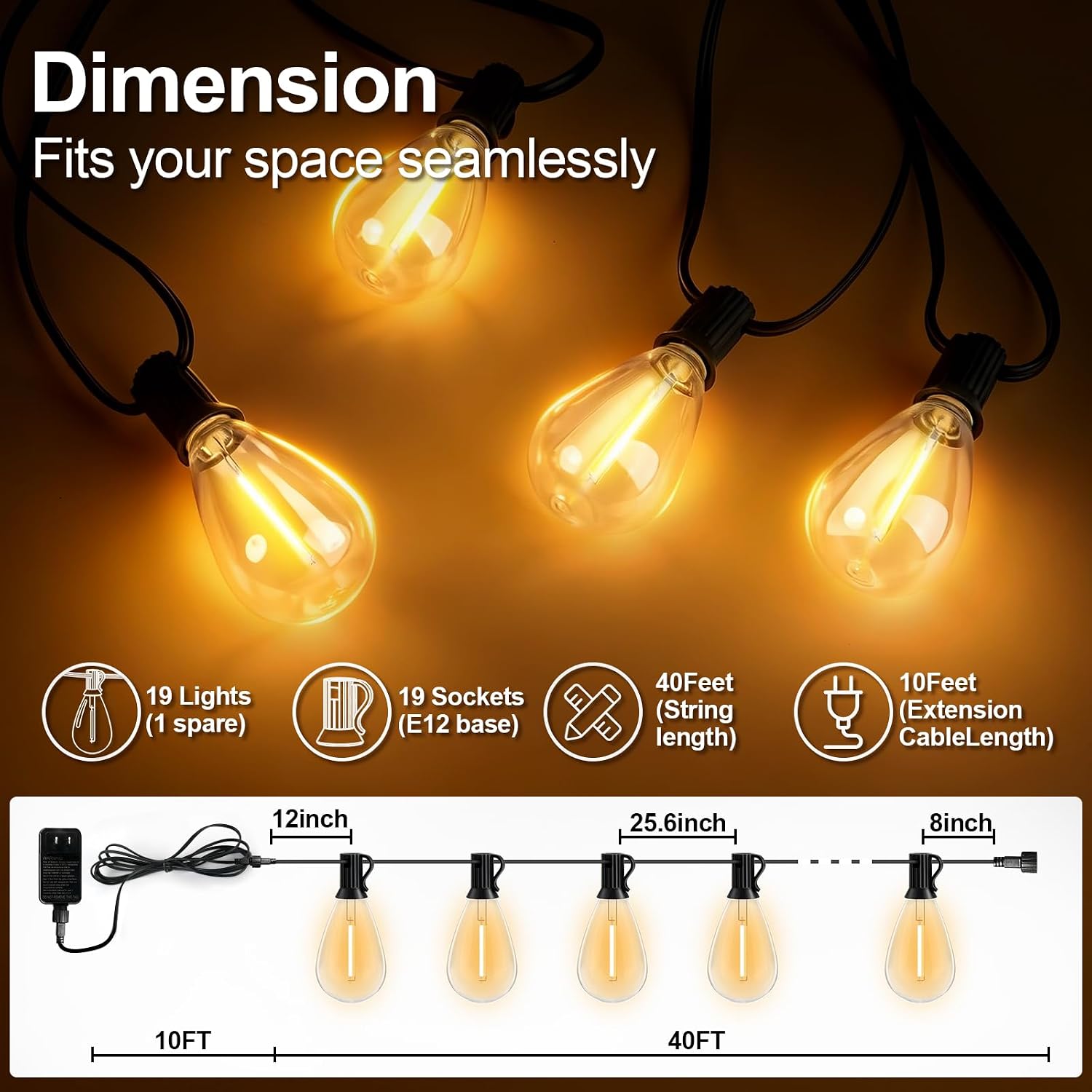 Thumbnail 1 de AODLEDY Outdoor LED String Lights, 50 ft (40+10) with Remote and 19+1 Bulbs