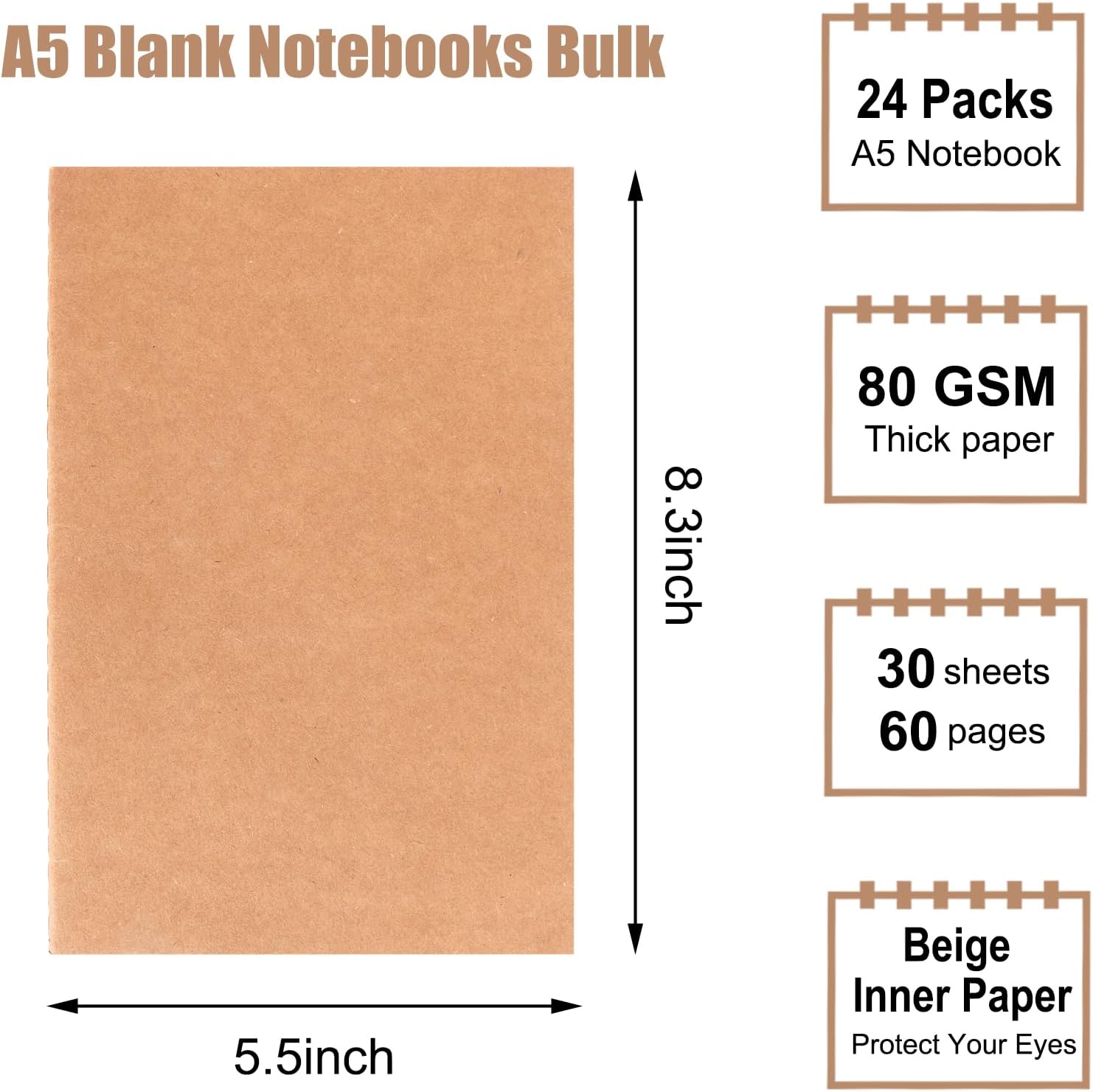 Detalle 2 de EOOUT 24-Pack A5 Kraft Notebooks, Blank 60-Page Journals for Writing and Sketching
