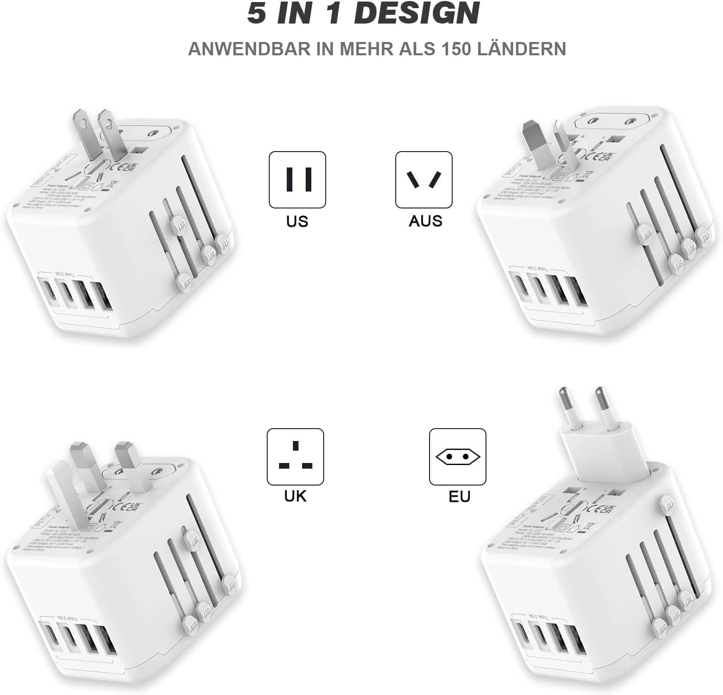 Detalle de VYLEE Reiseadapter Weltweit – 5-in-1 mit 2 USB-A, 2 USB-C und Universalsteckern