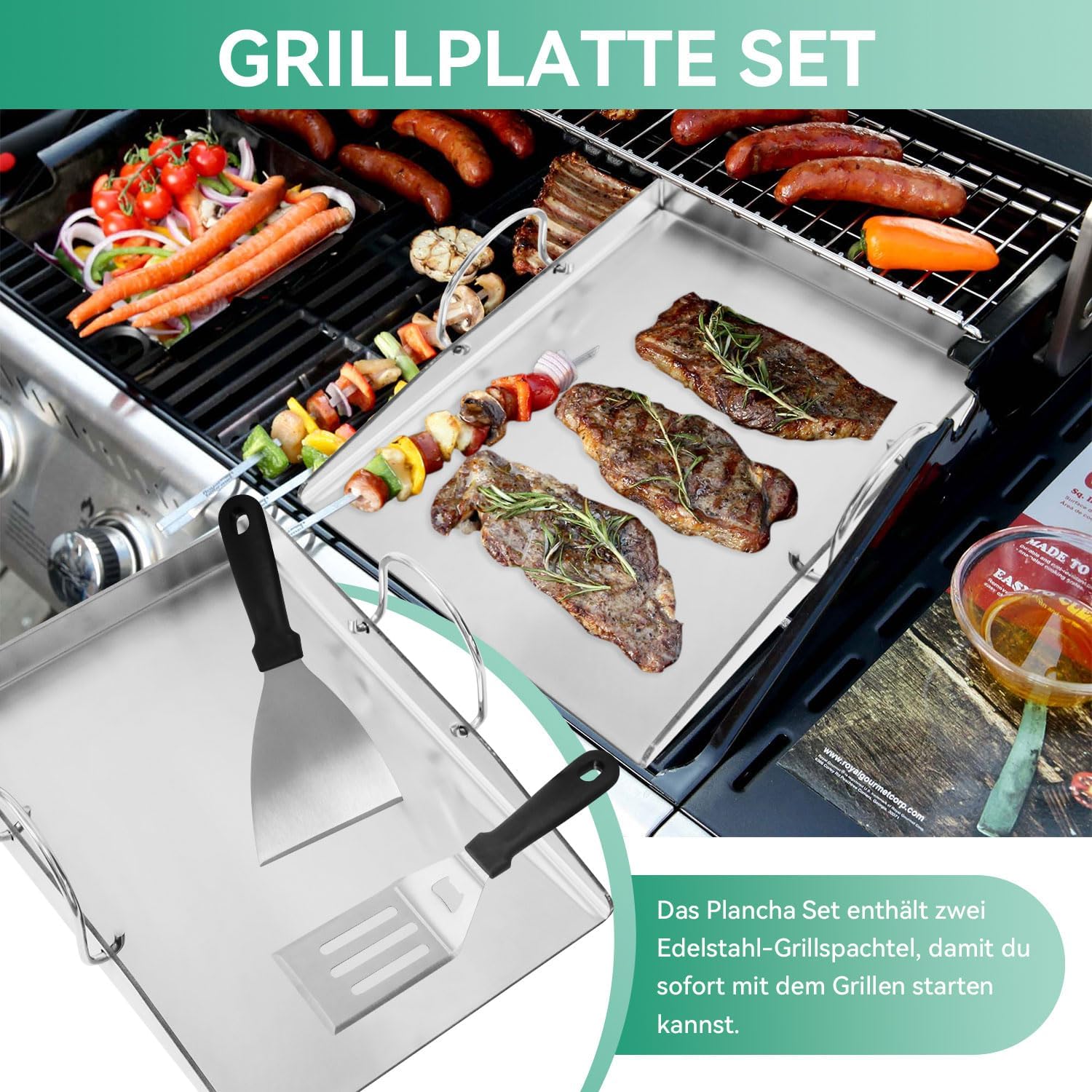 Detalle de COGRICHBF Universelle Edelstahl Plancha Grillplatte mit 2 Grillspachteln – 40 x 30 cm, 4 mm Stärke