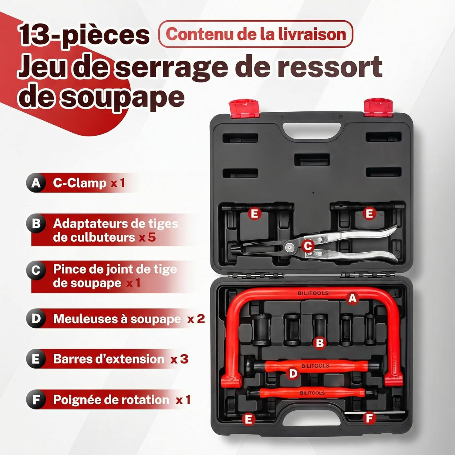 Detalle de BILITOOLS Compresseur de ressort de soupape – kit 13 outils avec pince à joint de tige et rodoirs