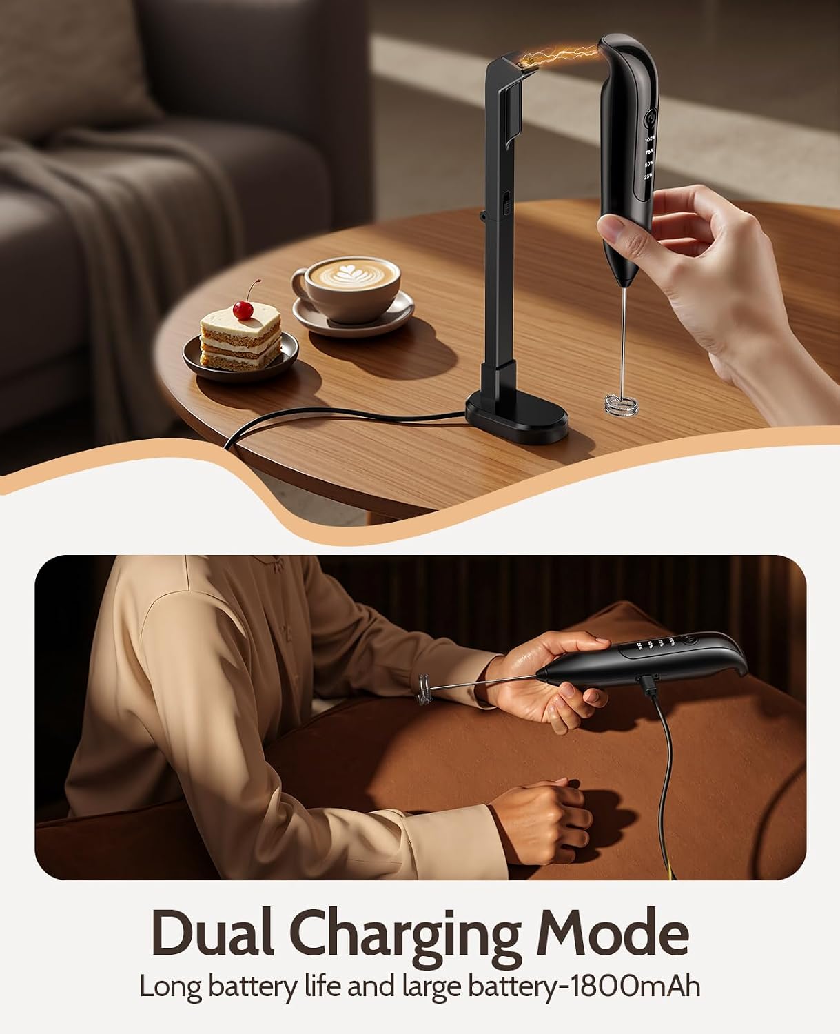 Detalle 1 de Yidianideals Handheld Milk Frother, 3 Whisk Heads
