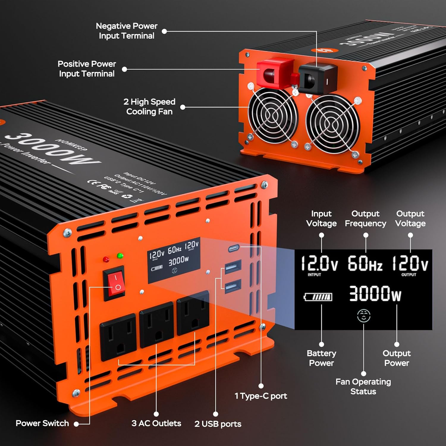 Thumbnail 1 de Homkeep 3000W Power Inverter 12V DC to 110V/120V