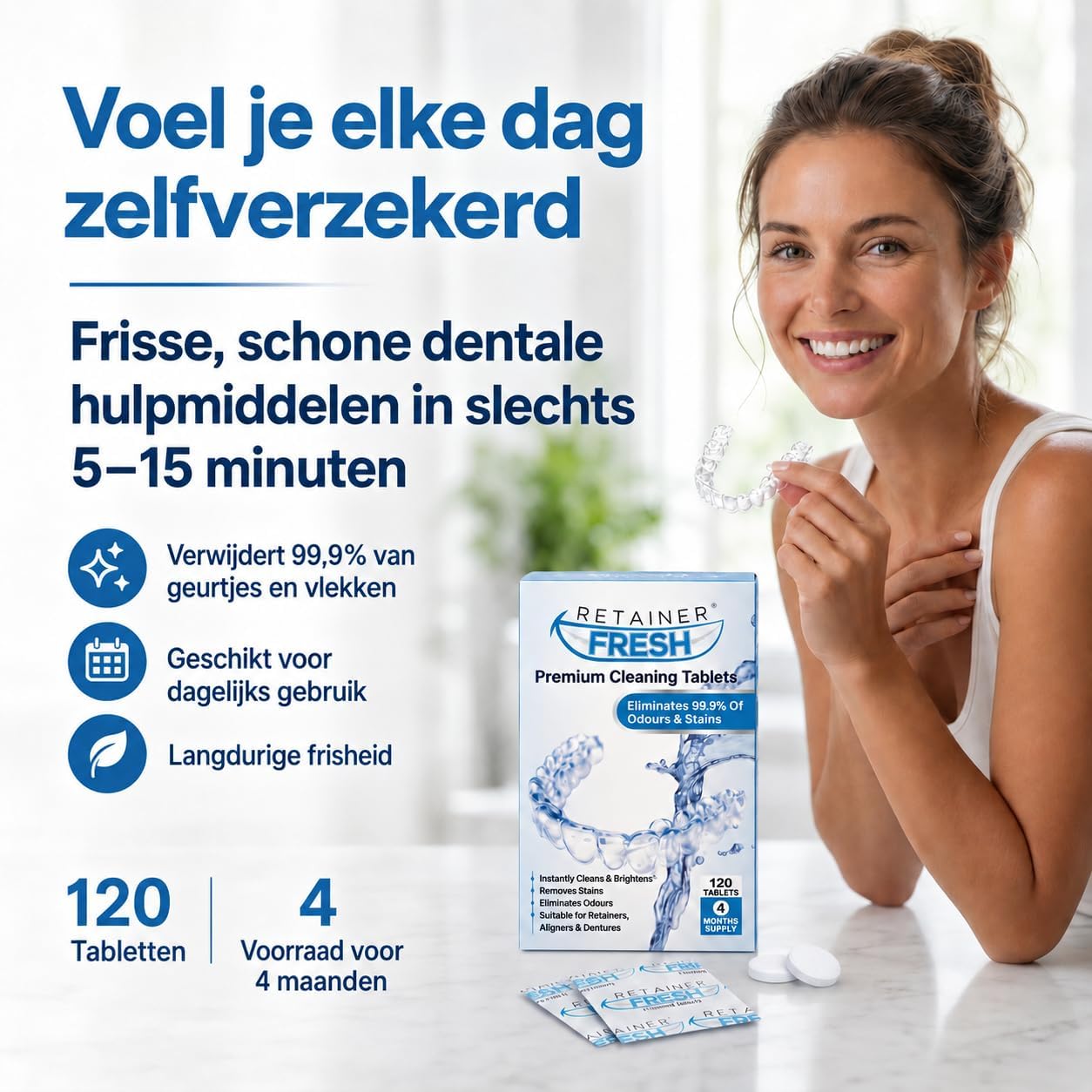 Detalle de Retainer Fresh 120tablets reinigingstabletten voor beugels, 120 stuks met muntgeur