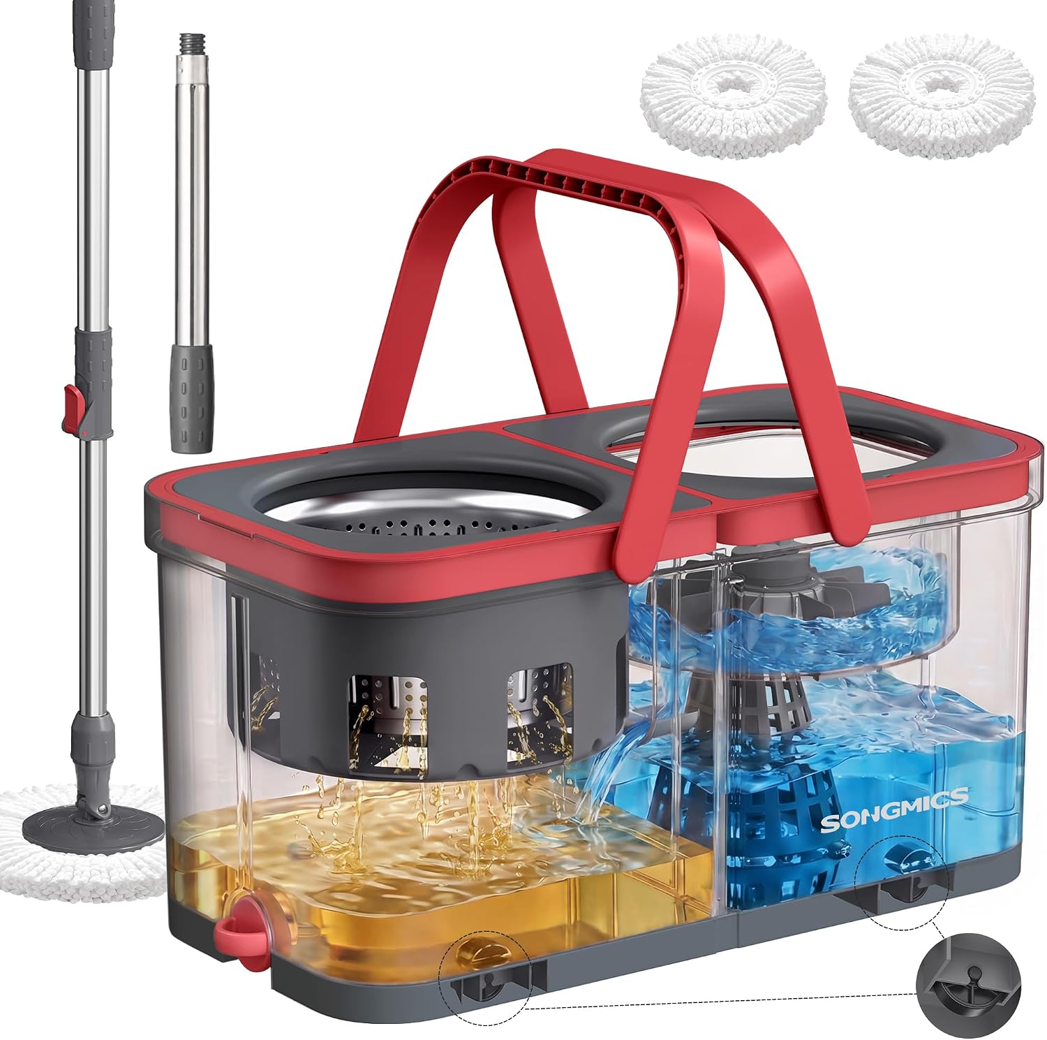 Detalle de SONGMICS Clemax LMB004GT02 spinmop met emmer, schoon- en vuilwaterscheiding