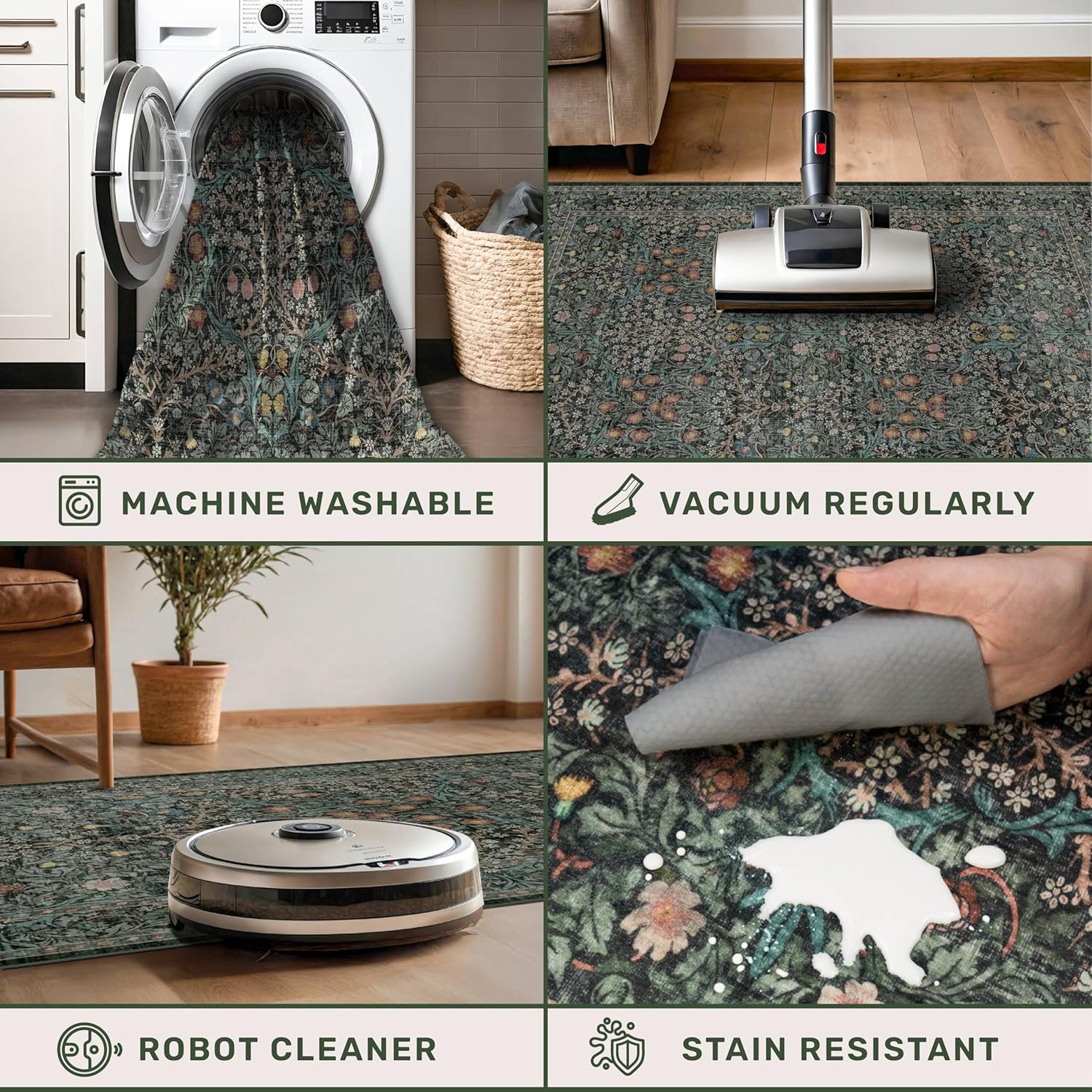 Thumbnail 4 de 9x12 Dark Green Washable Rug