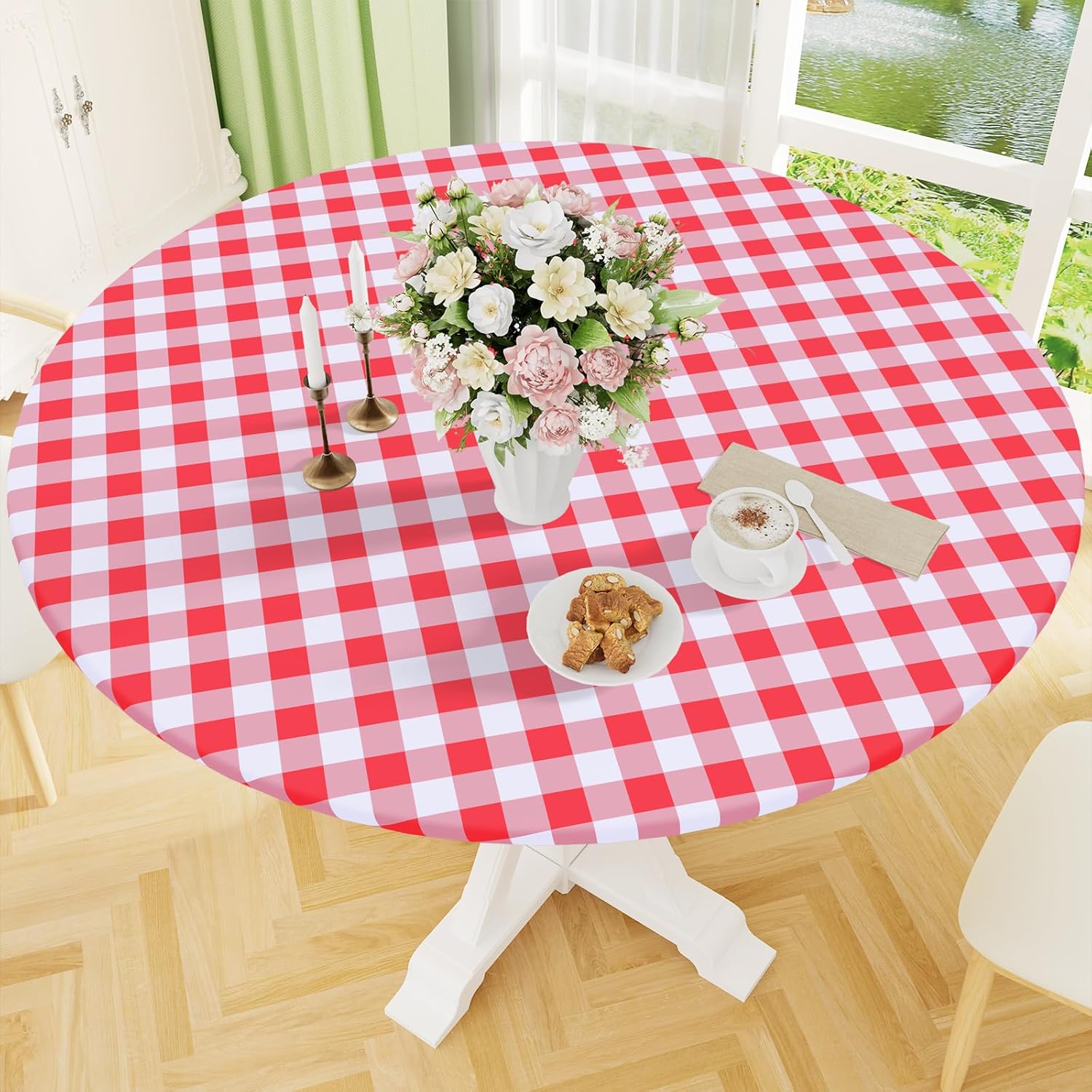 Thumbnail 6 de Smiry Round Picnic Tablecloth (45–56 in) — Elastic Fitted Vinyl Waterproof Cover with Flannel Back, White & Emerald Green