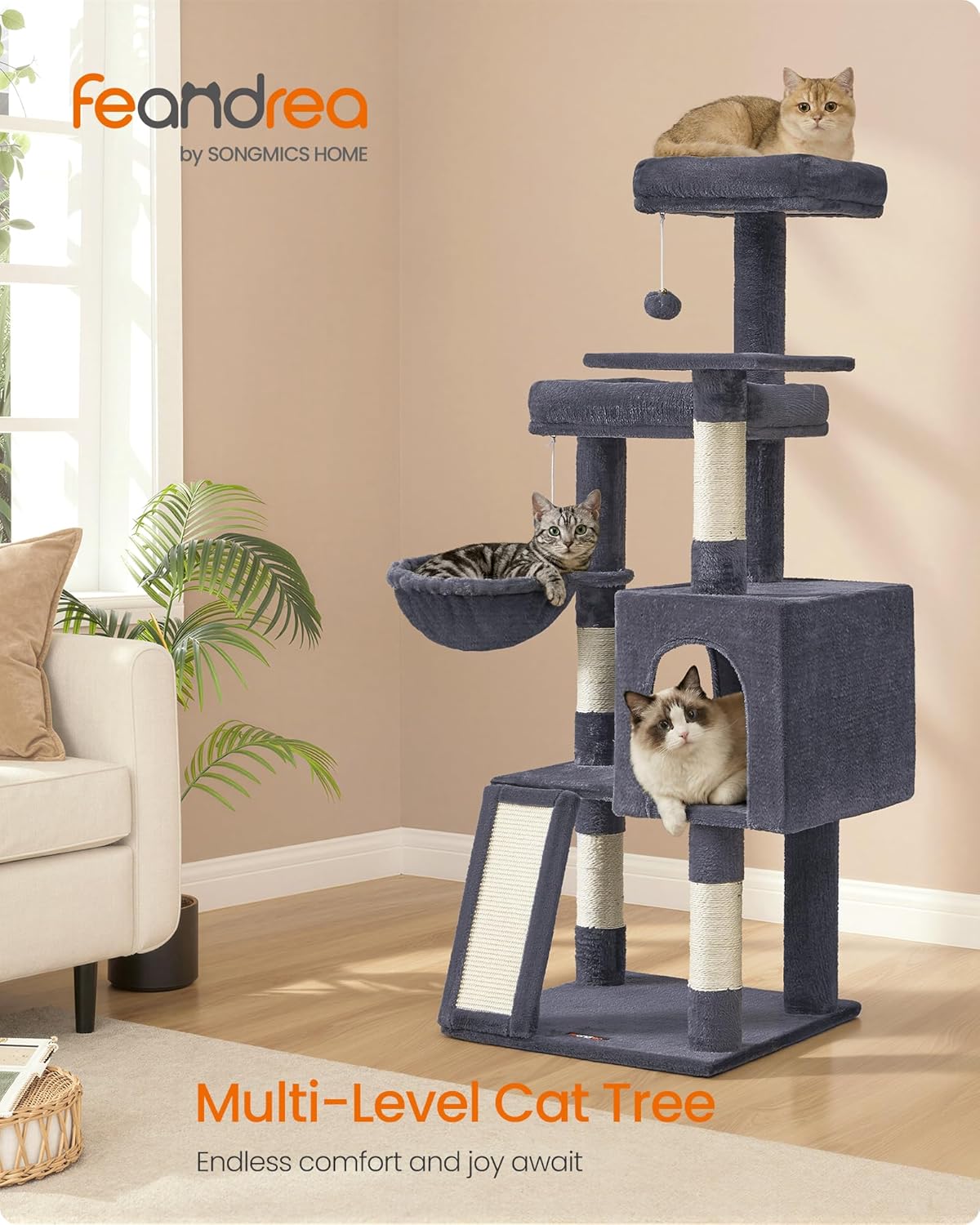 Detalle de Feandrea Cat Tree: 136 cm Tall Multi-Level Cond o with Scratching Posts, Cave and Beds