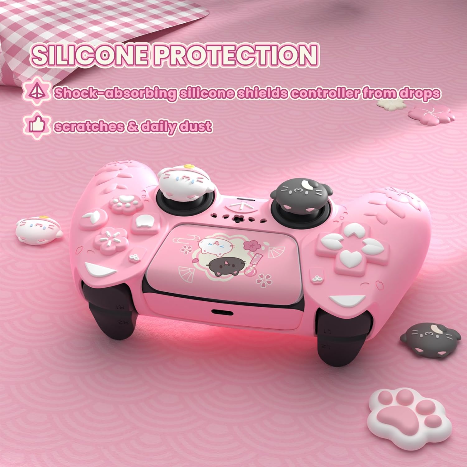 Thumbnail 6 de PlayVital Cherry Blossoms Cat Skin for PS5 Controller – Anti-slip Silicone Case with Cat Ears, Thumb Grips & Stickers