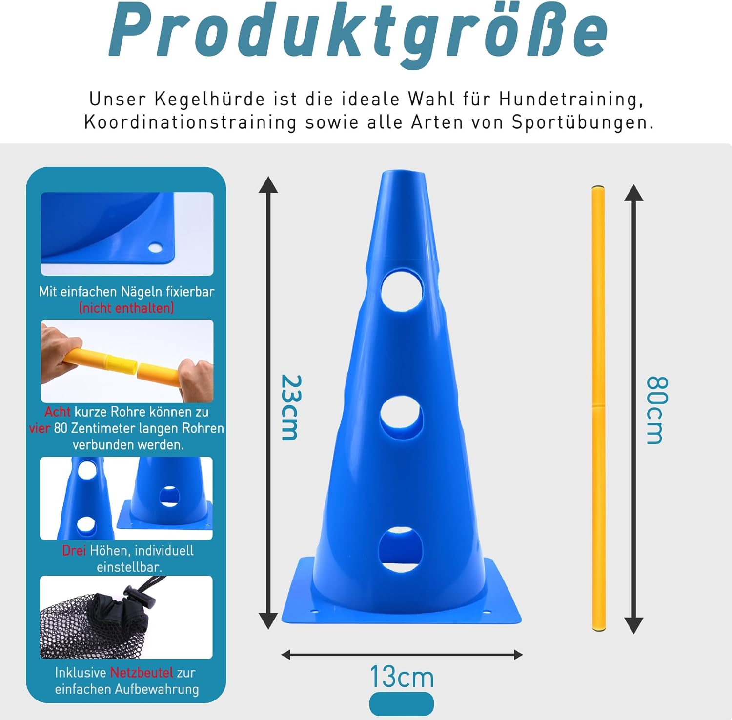Detalle 2 de Zazafolora Agility Set für Hunde (Klein) – Cavaletti/Steckhürden mit 23 cm Höhe, 8 Stangen und 8 Kegeln