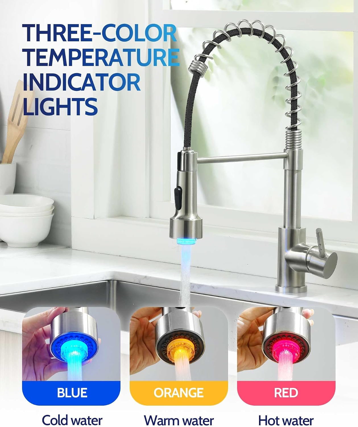 Detalle de LUFEIDRA 07BIL Kitchen Faucet with LED Temperature Lights and Dual-Mode Sprayer