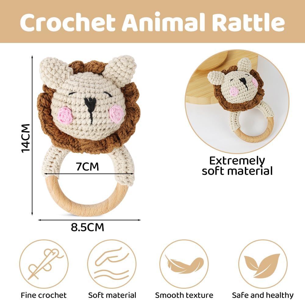 Detalle 2 de Vicloon Hochet bébé en bois d’animal au crochet avec anneau en bois (Lion)