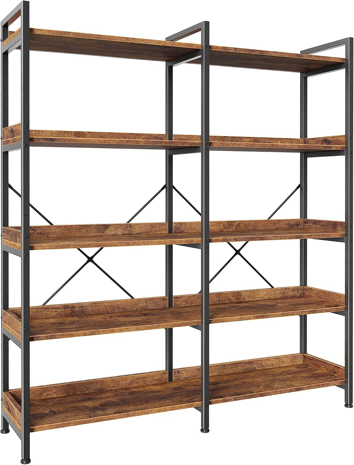Detalle de Huuger 5-Tier Bookshelf with 10 Open Shelves, Raised Edges, Rustic Brown