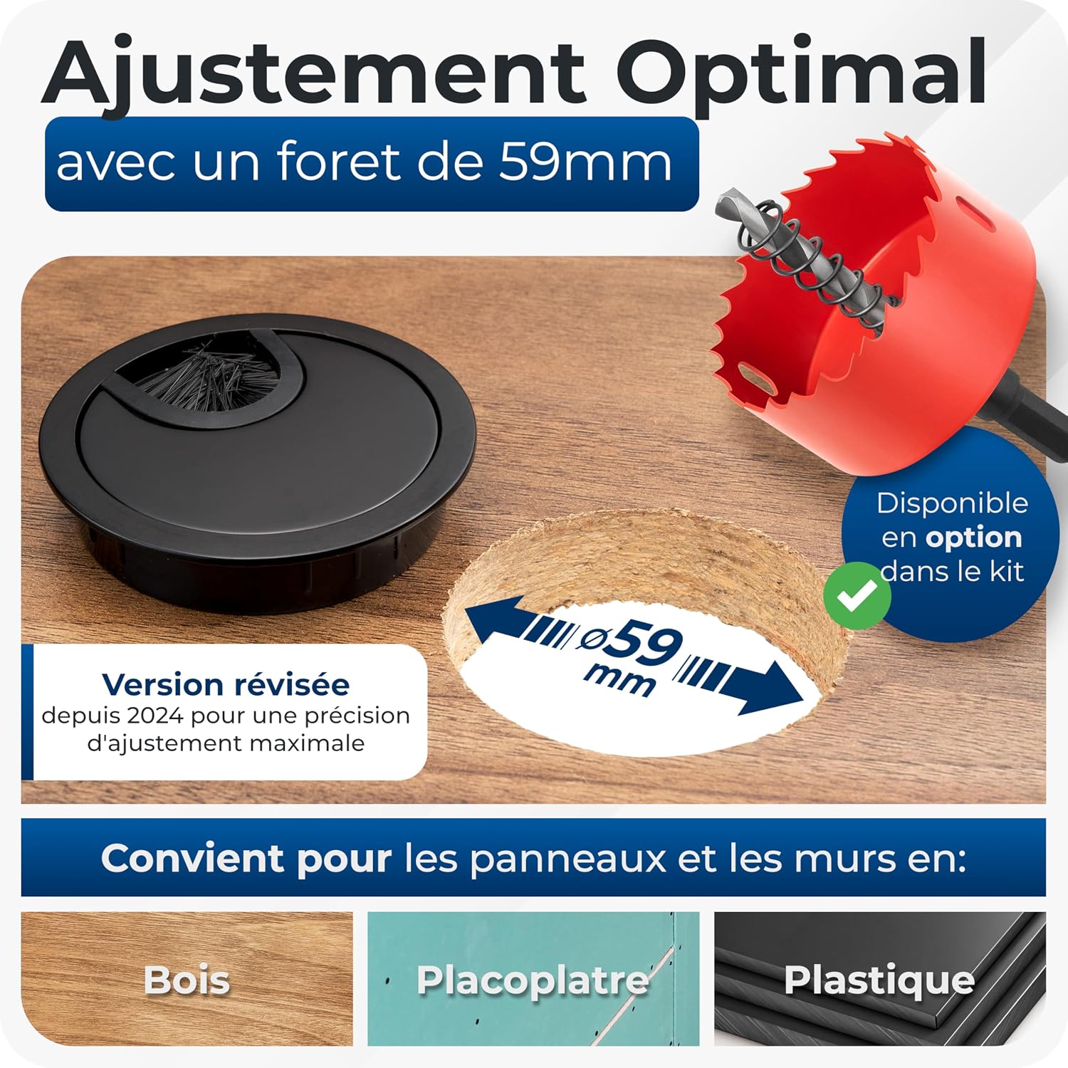 Detalle de BRUCE – Lot de 2 œillets de câble en métal Ø60 mm pour bureau, 2 passages