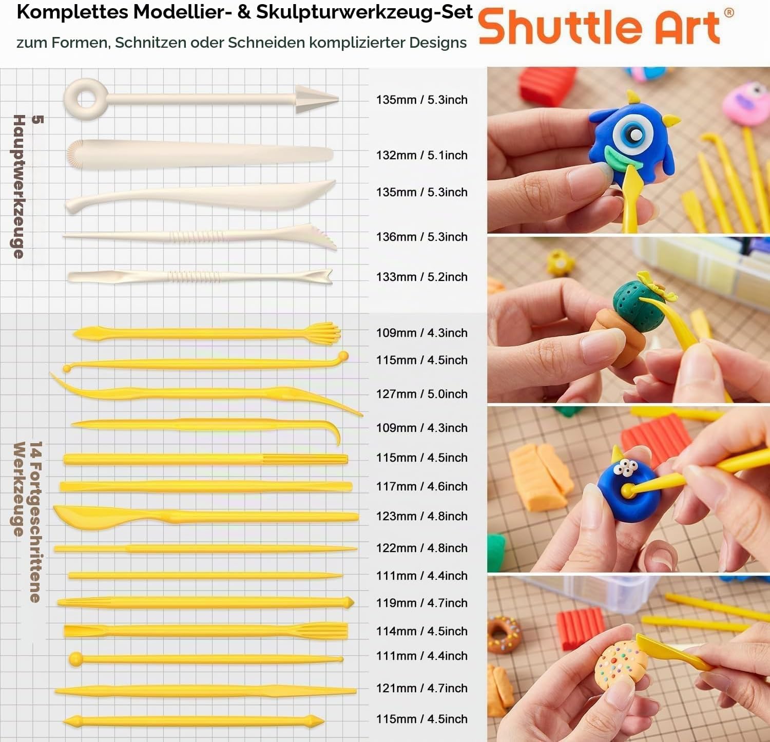 Detalle de Shuttle Art 82 Polymer Clay Set – buntes Ofenhärtendes Modelliermasse-Set mit 19 Schnitzwerkzeugen und 16 Zubehörteilen