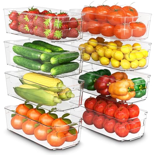 Detalle de KICHLY Stackable Fridge Organisers – 8 Clear BPA-Free Storage Boxes with Handles