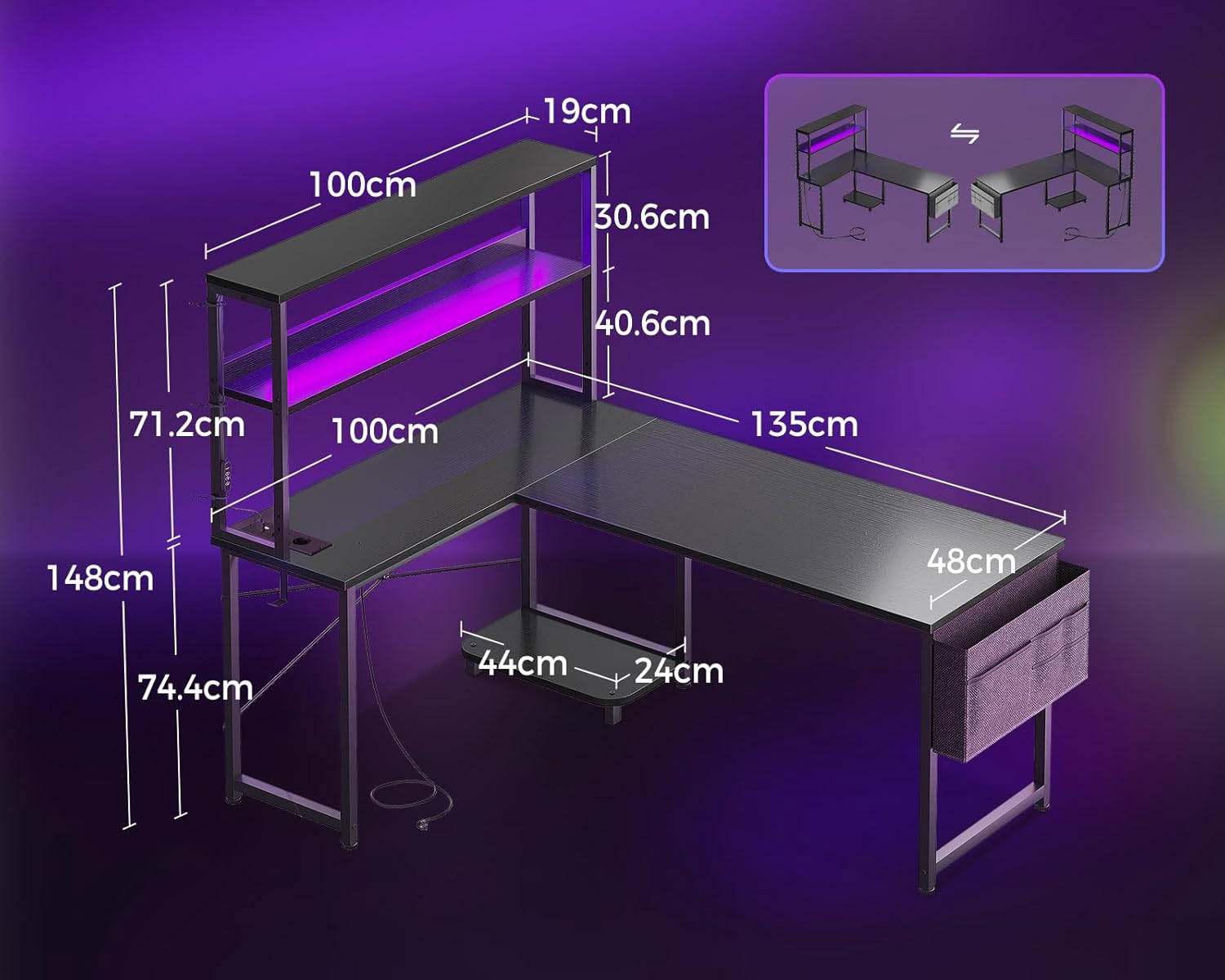 Detalle de Coleshome Bureau Gaming Angle 135Ă—100 cm avec LED et prises đź–Ą