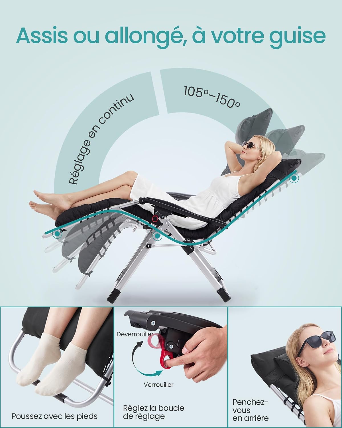 Thumbnail 3 de SONGMICS Chaise Longue Pliante « gravité zéro » avec coussin amovible, appui-tête réglable et plateau