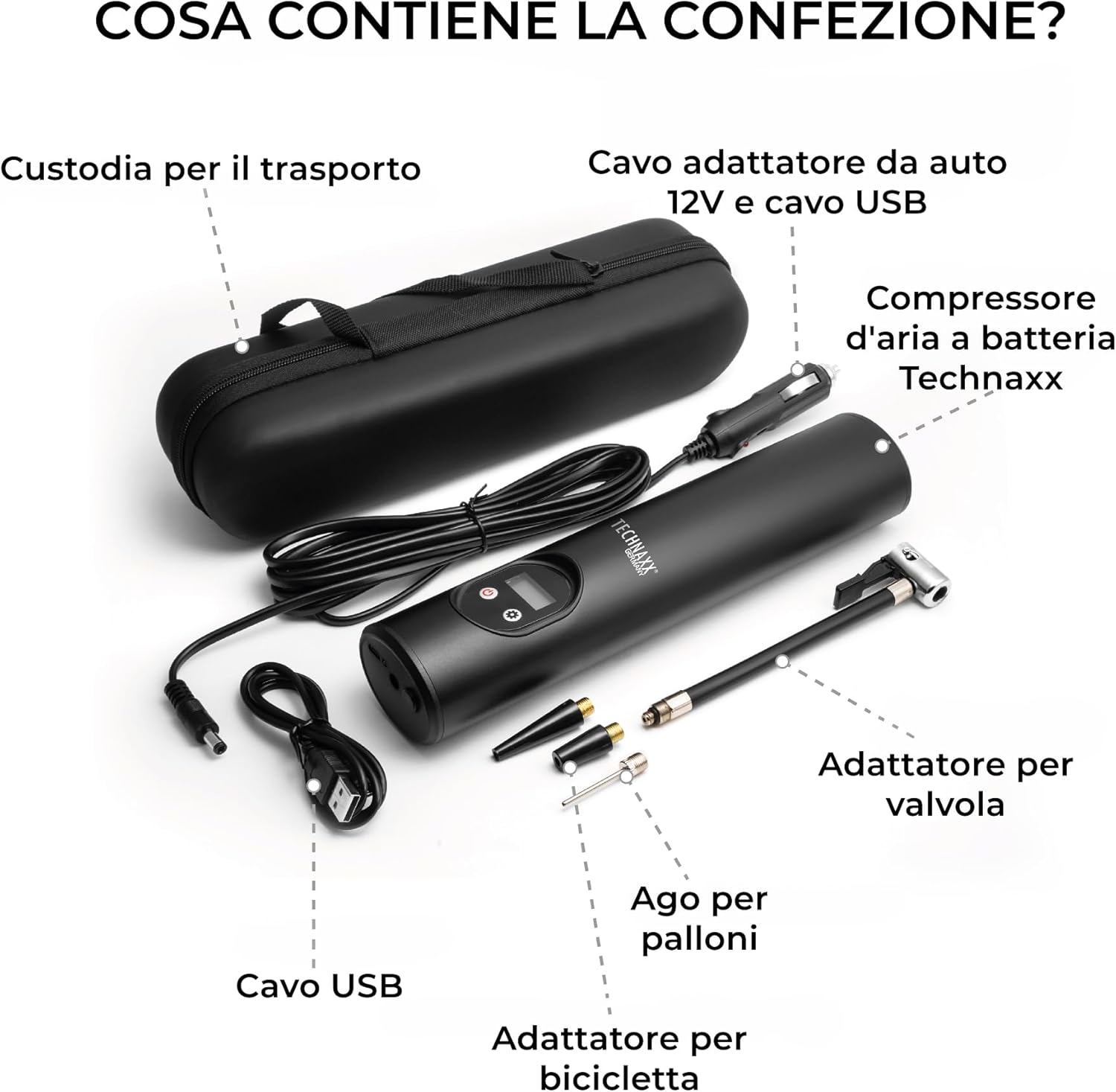 Detalle de Technaxx TX-157 Compressore a batteria con mini pompa elettrica, display digitale e faro LED da lavoro