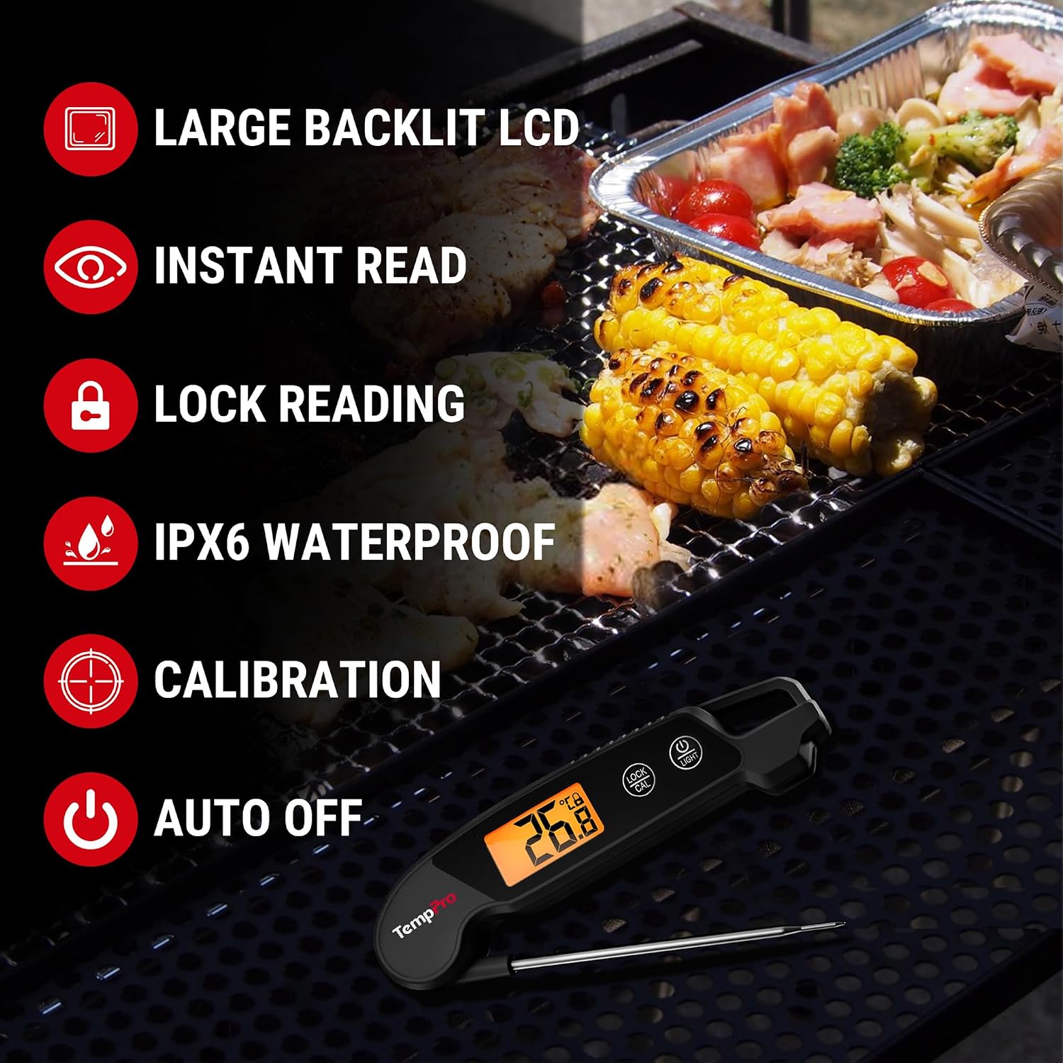 Detalle de ThermoPro TP603B digitales Fleischthermometer für Grill & Küche mit faltbarer Sonde, wasserdicht (IPX6)