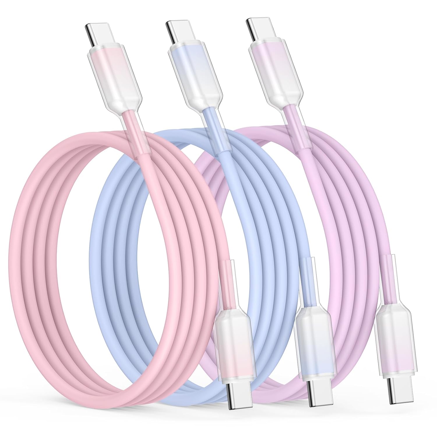 Detalle de USB C to USB C Cable 3 Pack 3FT/1M — 60W Fast Charging (Pink, Purple, Blue)