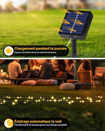 Detalle de Tacobey Lot de 2 Guirlandes Solaires Extérieures – 20 m, 200 LED, 8 Modes, Étanches, Minuterie