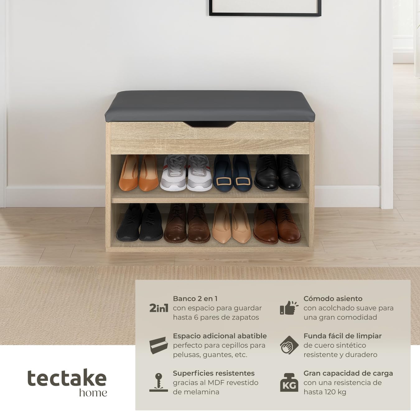 Detalle 2 de tectake Zapatero madera con cojín extraíble 10 pares