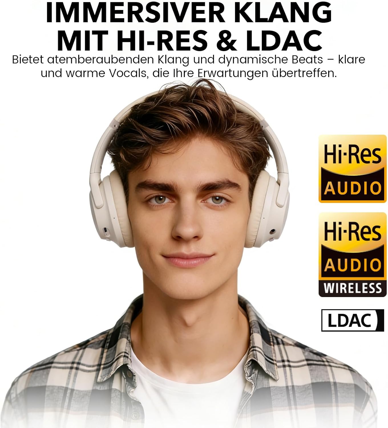 Detalle de 1Mii Y8+ Hybrid ANC Over-Ear Kopfhörer – 100 Stunden Laufzeit, LDAC, App-EQ, Bluetooth 6.0, Biege- und Reisekomfort