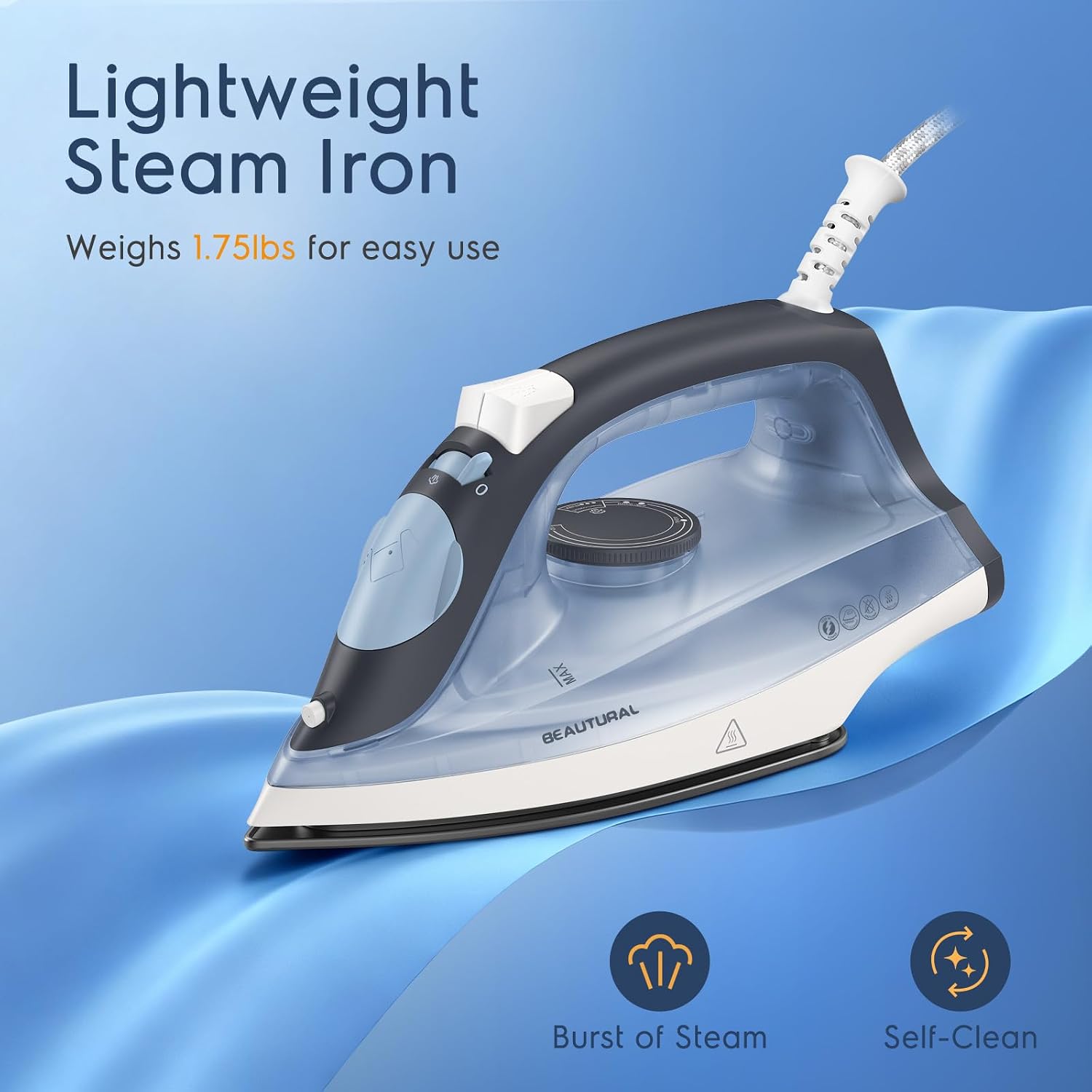 Detalle de BEAUTURAL Steam Iron for Clothes – Lightweight, Non-Stick Soleplate & Burst of Steam
