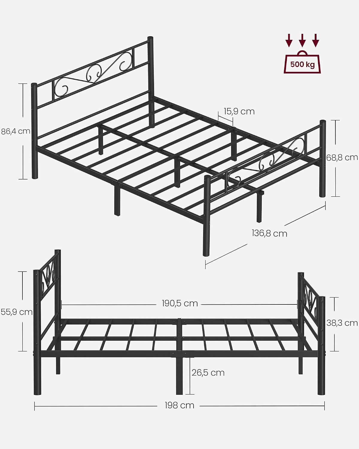 Detalle 2 de VASAGLE RMB066B01 Estructura de cama 135x190 cm