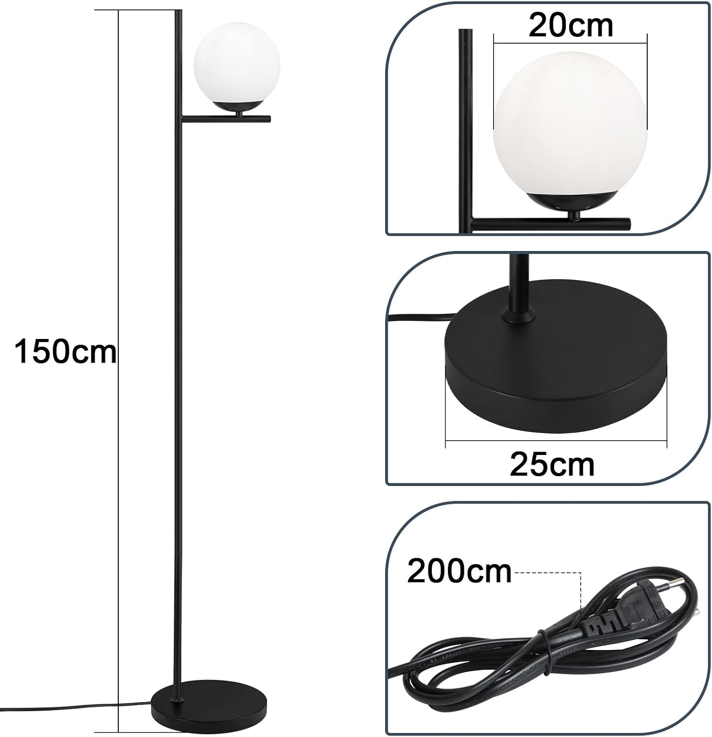 Detalle de ZMH Lampada da terra industriale nera con paralume in vetro bianco e interruttore a pedale