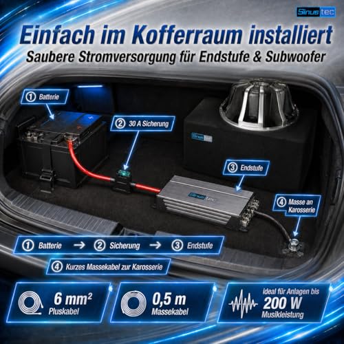 Detalle de Sinustec BCS-600 Car-Hifi Kabelset 6 mm², 5 m – Batteriekabelset inkl. Cinch, Remote, Lautsprecherkabel
