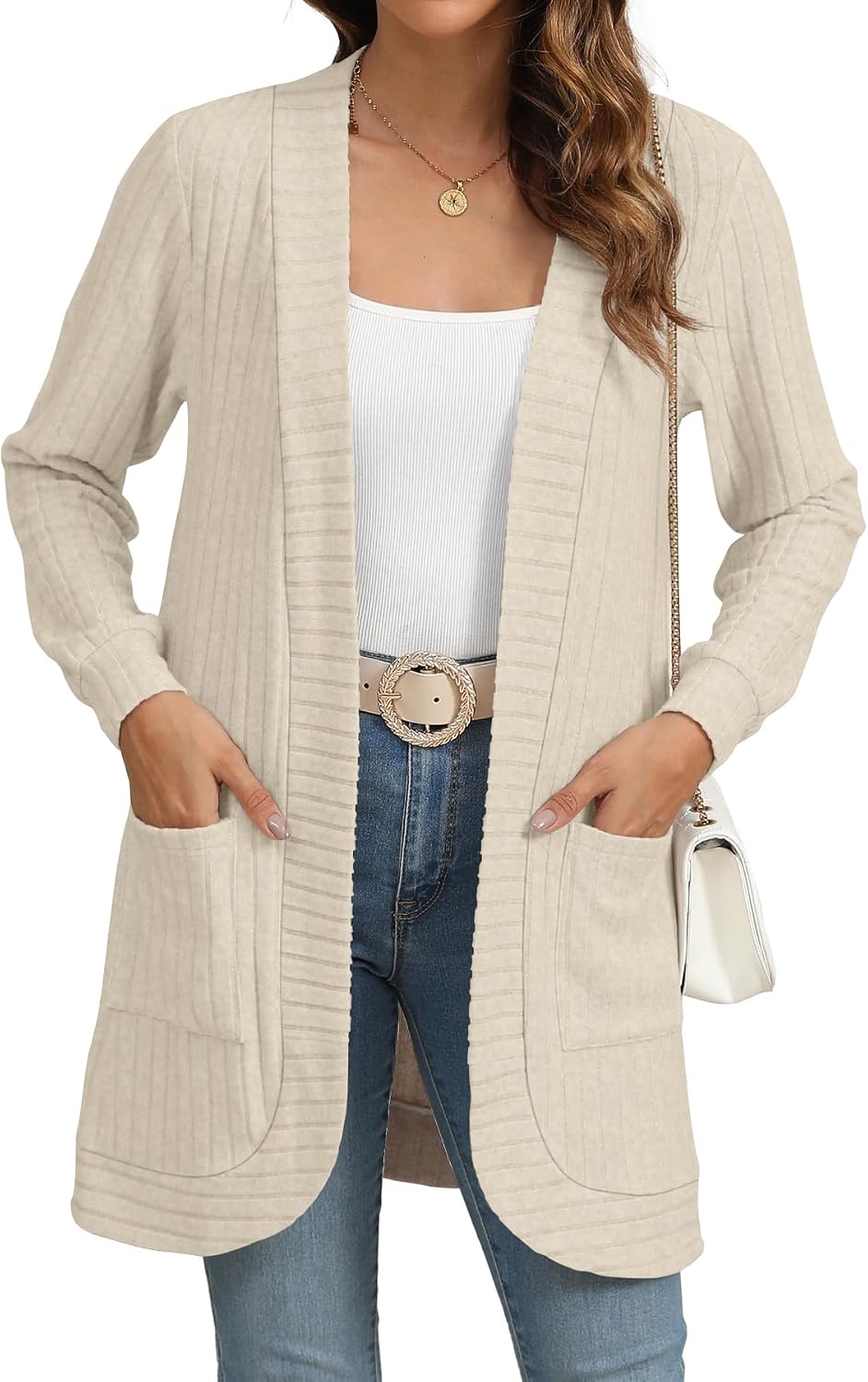 Detalle de YSYOKOW Women's Long Cardigan with Pockets — Open Front, Lightweight & Soft
