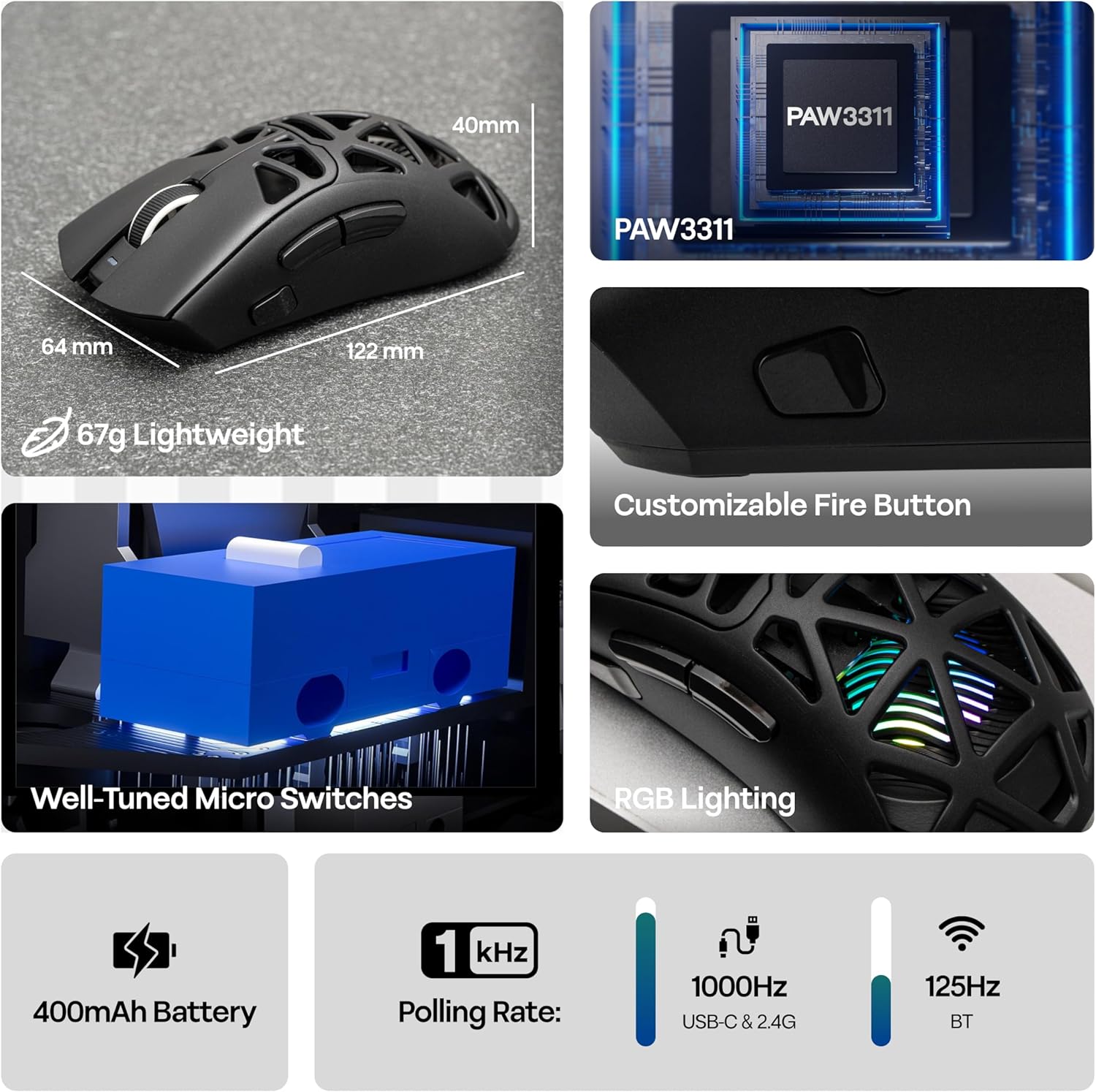 Detalle de MechLands Aula SC620 Gaming Mouse, PAW3311 Sensor, 12,000 DPI, Tri-Mode