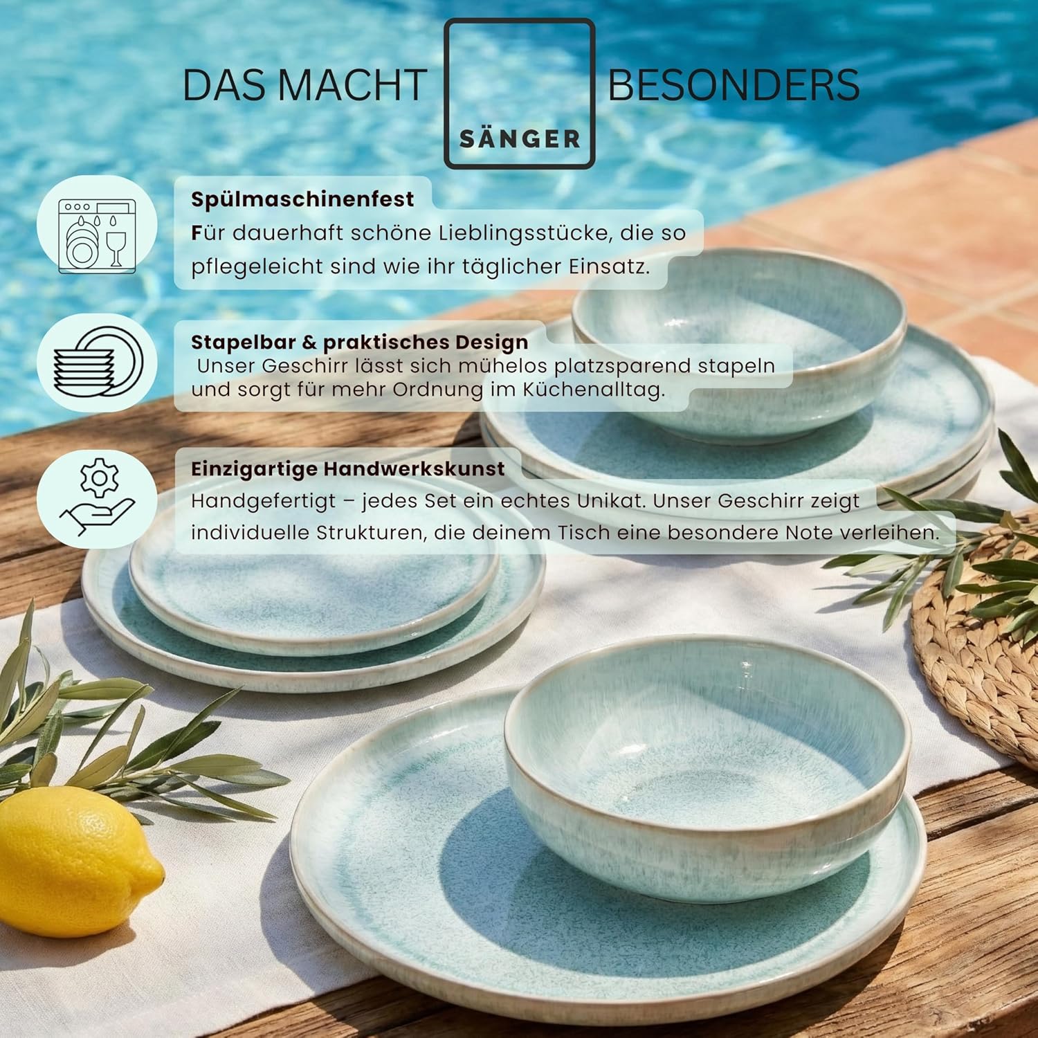 Detalle de SÄNGER Geschirrset Paros (12-teilig) für 4 Personen – Steingut handmade in Türkis