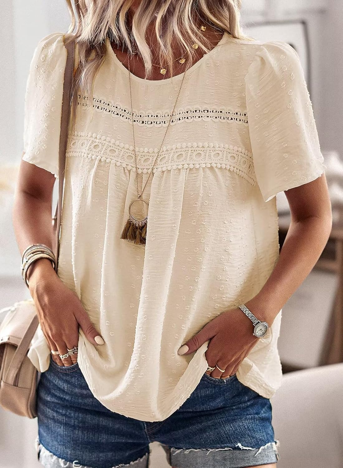 Thumbnail 3 de TUUHAW Damen Sommer-Bluse im Boho-Stil mit Rundhalsausschnitt und Häkelspitzenrändern