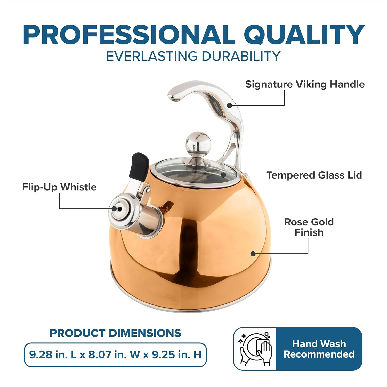 Detalle 2 de Viking 3-Ply Stainless Steel Tea Kettle (2.6 Quart) with Tempered Glass Lid, Rose Gold