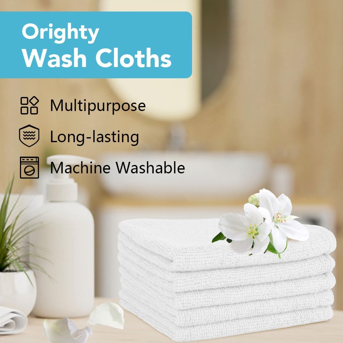 Detalle de Orighty Washcloths Bulk (200 Pack): Ultra-Absorbent Microfiber Face Towels, 12x12 Inches