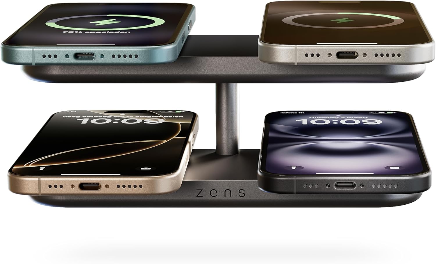 Detalle 2 de Zens Quattro Wireless Charger Pro 4: hub di ricarica MagSafe e Qi2 a 15 W per iPhone, 65 W di alimentazione integrata