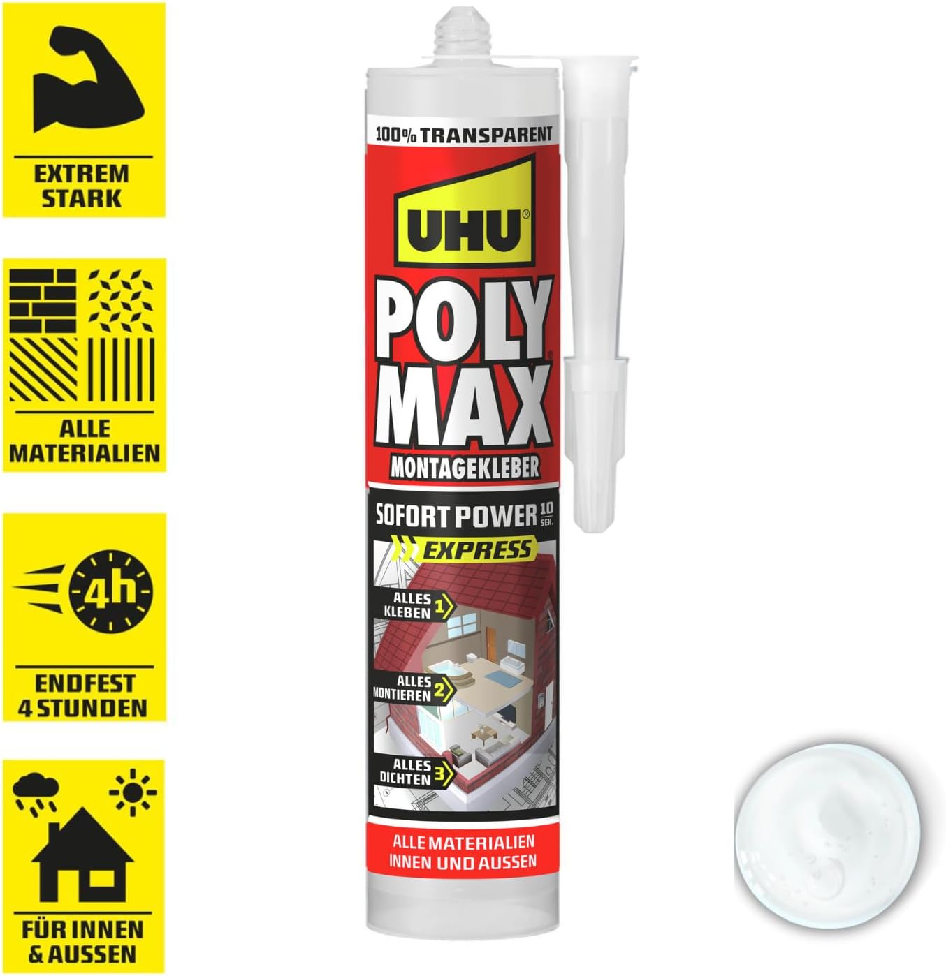Thumbnail 1 de UHU POLY MAX Montagekleber 10 SEK SOFORT POWER Kartusche – Glasklarer Montagekleber und Dichtungsmasse, 300 g