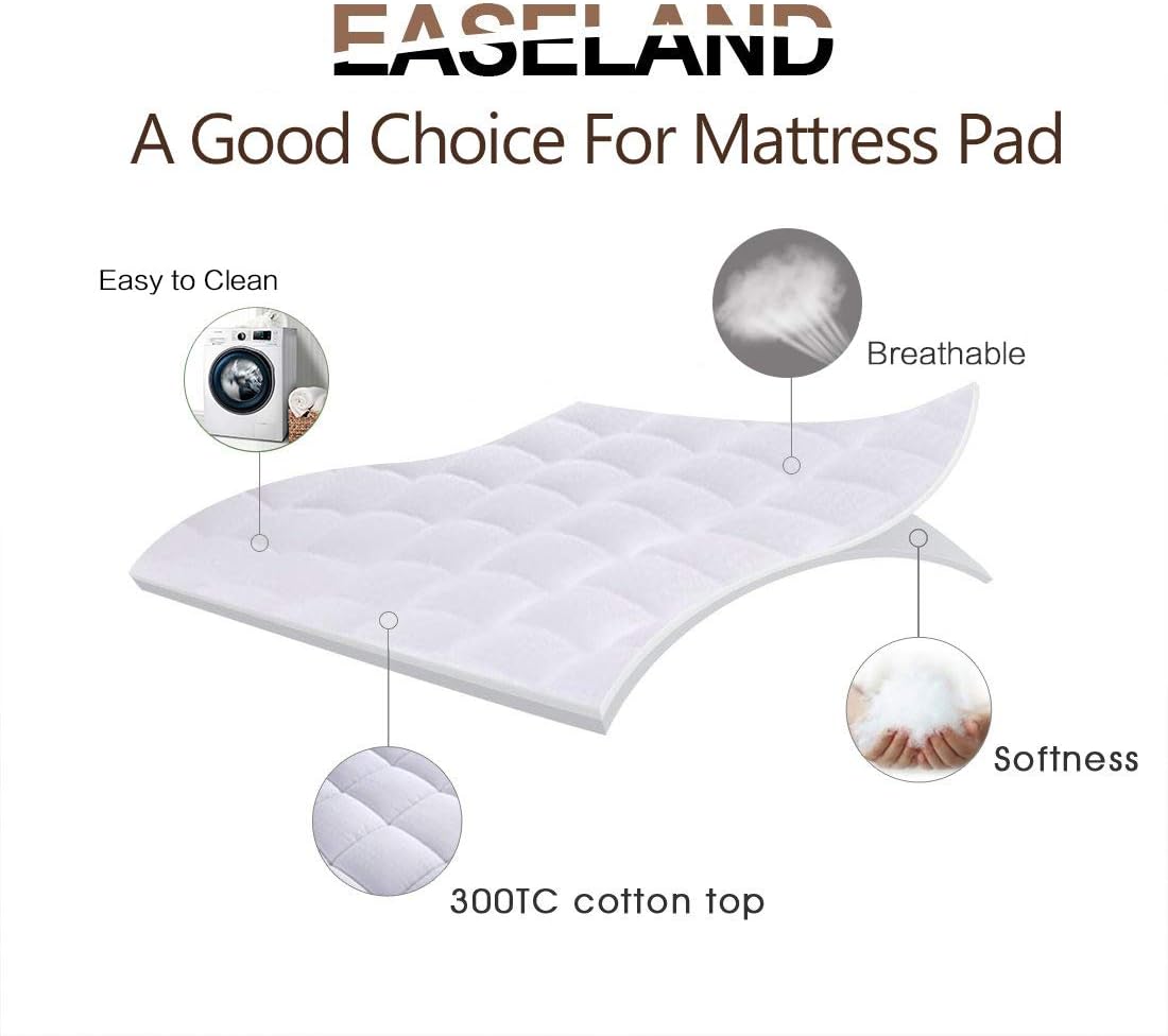 Detalle de EASELAND King Quilted Mattress Pad Cover (Deep Pocket, 21"), Cotton Top & Down-Alternative Fill