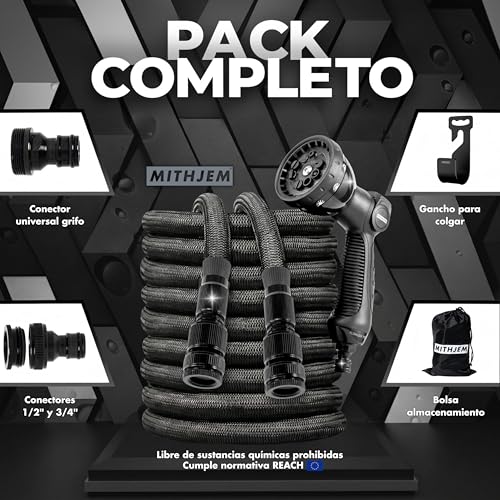 Detalle de Manguera Jardin 15m – MITHJEM Poliester 3750D Alta Densidad con Conectores Metalizados 1/2" y 3/4