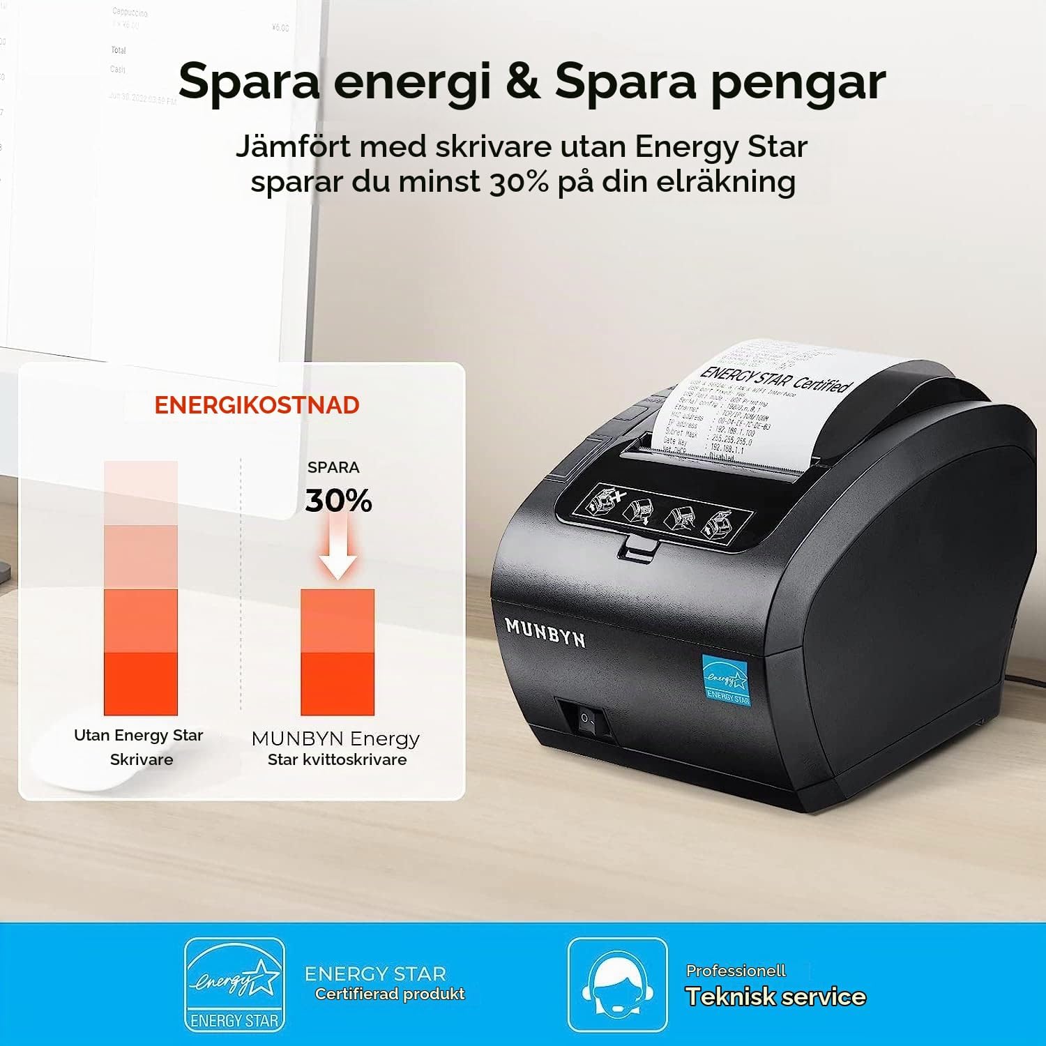 Detalle de MUNBYN P047 kvittoskrivare, 80 mm termisk utskrift med WiFi och USB